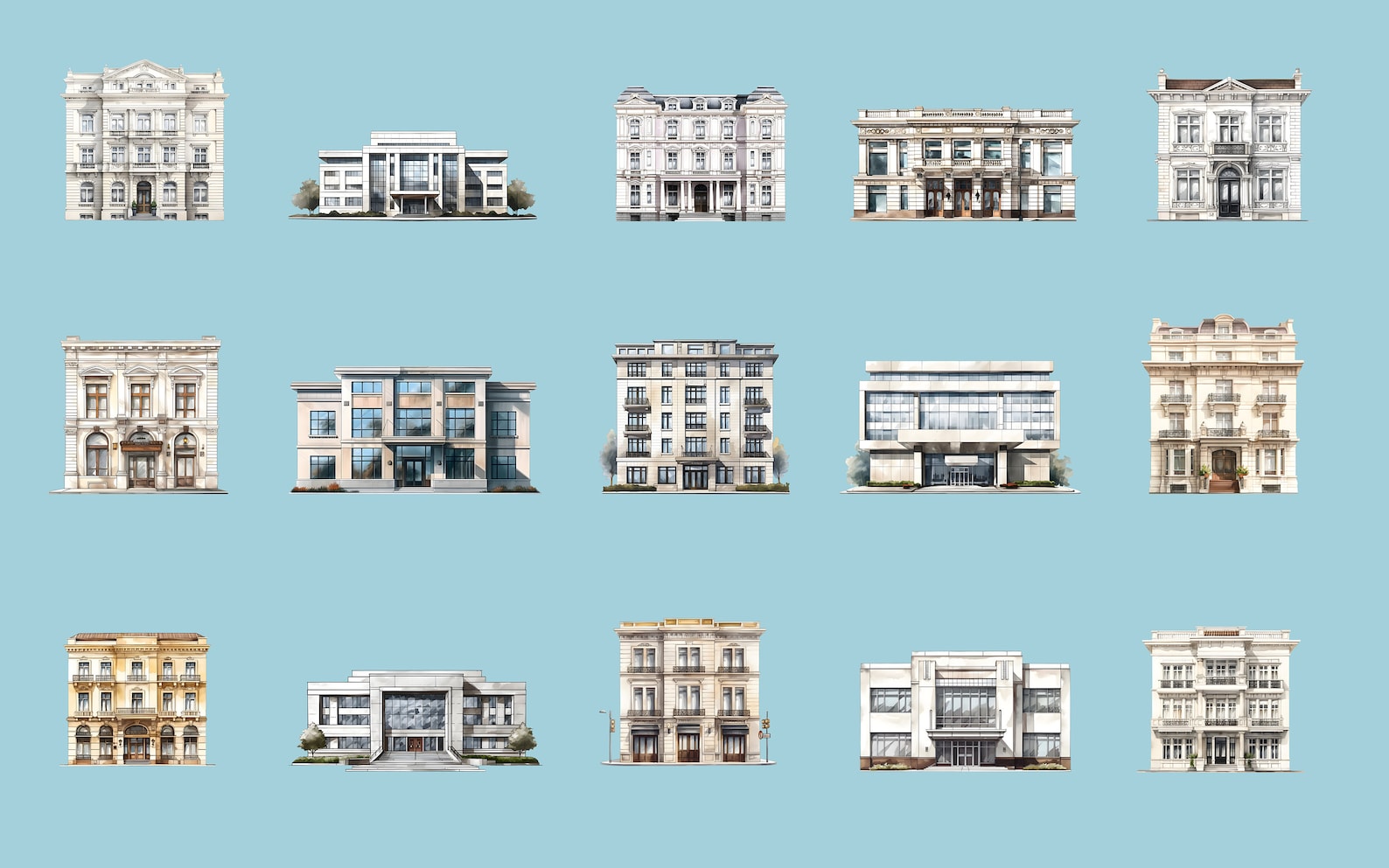 30 Watercolor Front View Building Clipart. Colorful Buildings PNG No ...