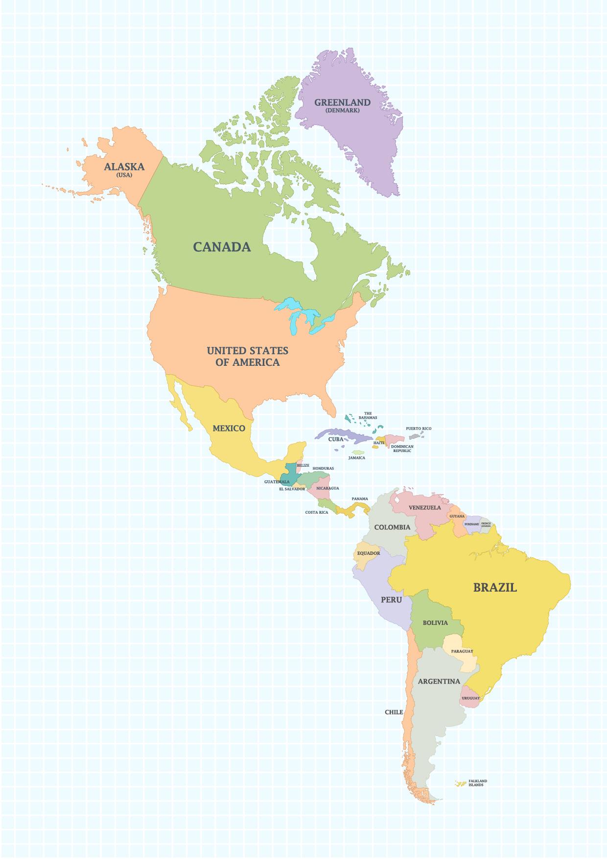 デジタル北米・南米地図、州別フルカラー、印刷可能なポスター大サイズ