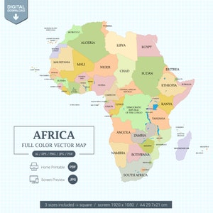 Digital Africa Map full color with states Printable Poster large size and A4 PDF. Screen view size and Vector Illustrator editable.
