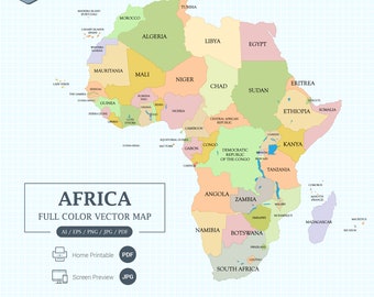 Digital Africa Map full color with states Printable Poster large size and A4 PDF. Screen view size and Vector Illustrator editable.