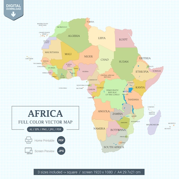 Digital Africa Map full color with states Printable Poster large size and A4 PDF. Screen view size and Vector Illustrator editable.