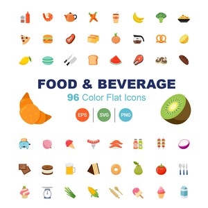 May include: A set of 96 colorful flat icons depicting various food and beverage items. The icons are arranged in a grid pattern and include images of fruits, vegetables, breads, pastries, meats, seafood, drinks, and kitchen utensils. The text "FOOD & BEVERAGE 96 Color Flat Icons EPS SVG PNG" is displayed at the top of the image.