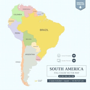 Digital South America Map full color with states Printable Poster large size and A4 PDF. Screen view size and Vector Illustrator editable.