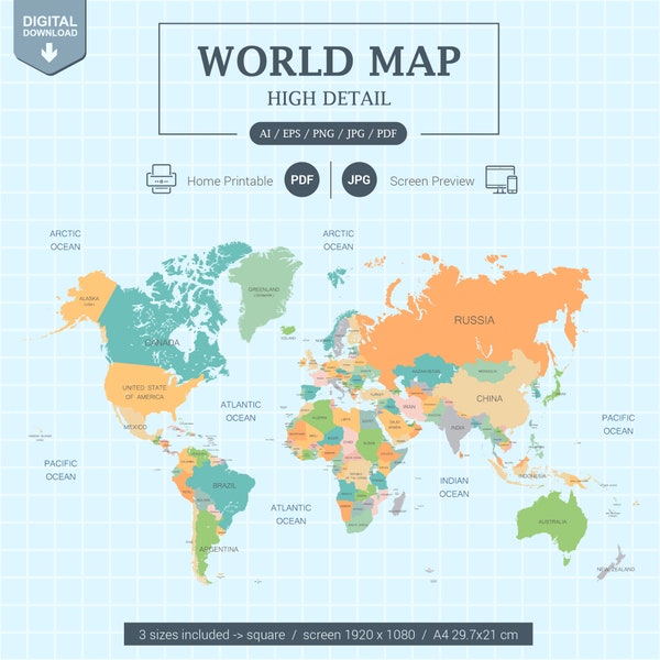 Digital World Map full color with countries Printable Poster large size and A4 PDF. Screen view size and Illustrator editable.