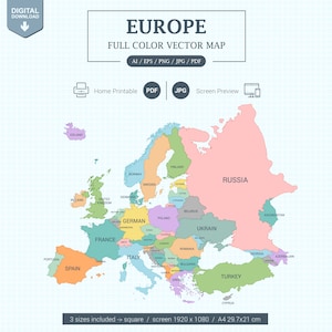 Mapa digital da Europa em cores com estados Pôster para impressão em tamanho grande e PDF A4. Tamanho de visualização da tela e Vector Illustrator editáveis.