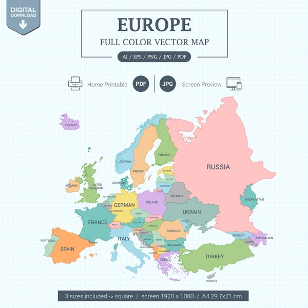 Mapa de Europa digital a todo color con estados Póster imprimible tamaño grande y PDF A4. Tamaño de vista de pantalla y Vector Illustrator editable.