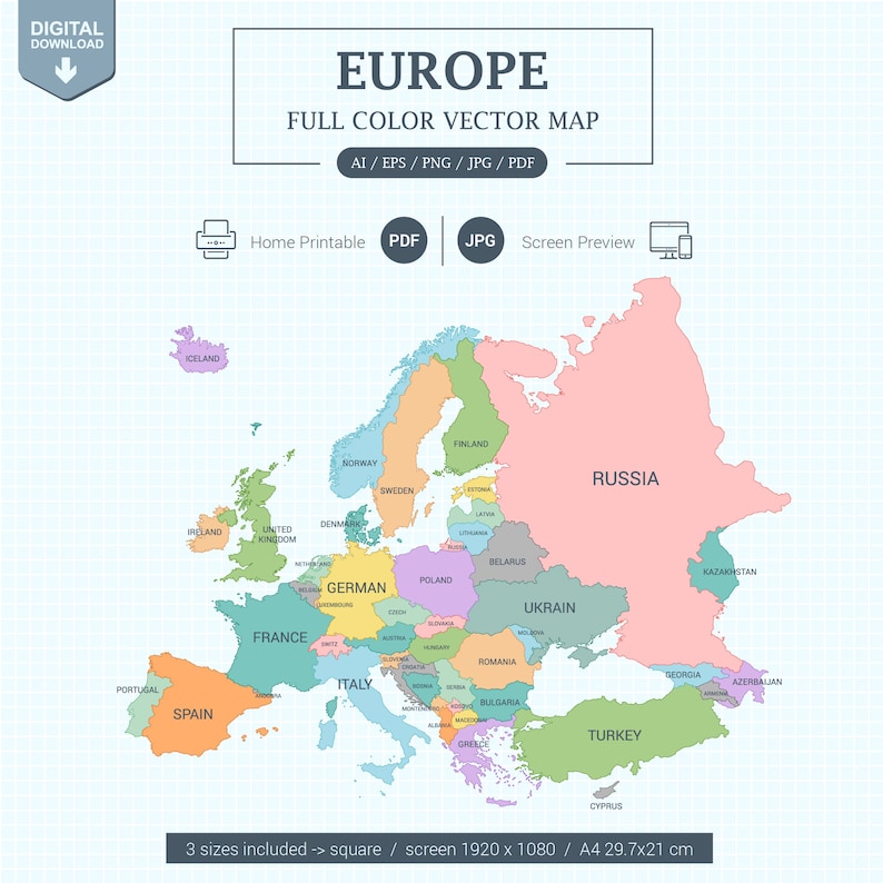 Digital Europe Map Full Color With States Printable Poster Large Size ...