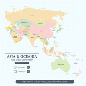 Mapa digital de Asia y Oceanía a todo color con estados. Póster imprimible en tamaño grande y PDF A4. Vista en pantalla y editable en Illustrator vectorial.