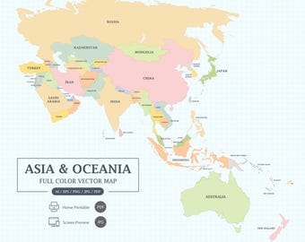 Digital Asia & Oceania Map full color with states Printable Poster large size and A4 PDF. Screen view and Vector Illustrator editable.
