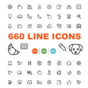 660 Line Icons packen. Universelles Icon Bundle. Einzigartig und einfach zu bedienen. SVG, PNG schwarz und weiß verfügbar.
