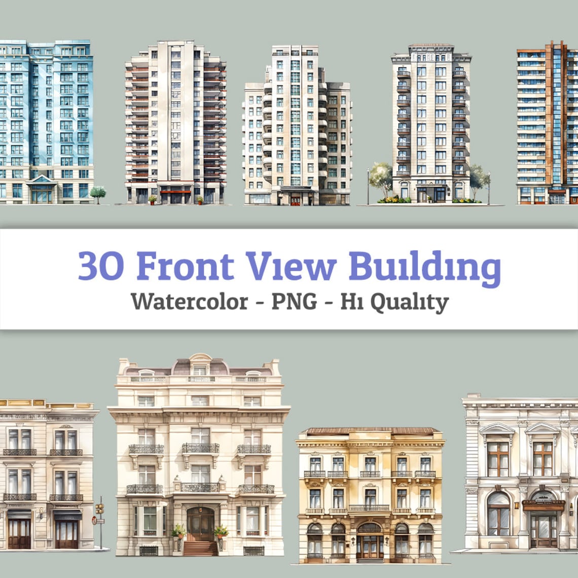 30 Watercolor Front View Building Clipart. Colorful Buildings PNG No ...