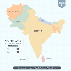 Mapa digital do Sul da Ásia, pôster colorido para impressão em tamanho grande e PDF A4. Visualização em tela e editável no Vector Illustrator.