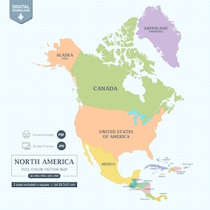 Carte numérique de l'Amérique du Nord en couleur avec les États, affiche imprimable grande taille et PDF A4. Taille d'affichage à l'écran et Vector Illustrator modifiables.