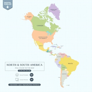 Carte numérique de l'Amérique du Nord et du Sud en couleur avec les États, affiche imprimable grande taille et PDF A4. Affichage à l'écran et Vector Illustrator modifiables