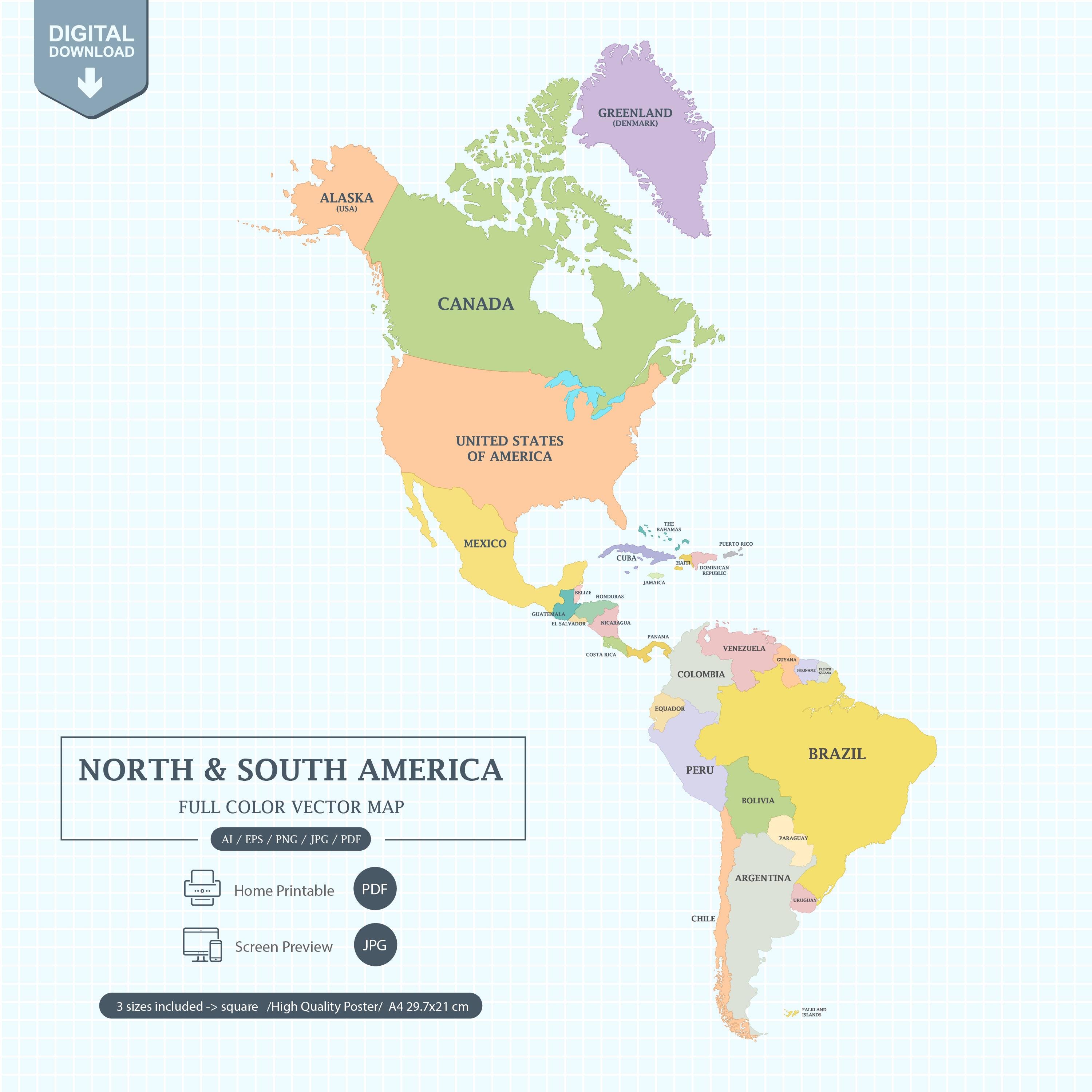 Digital North & South America Map full color with states Printable Poster large size and A4 PDF. Screen view and Vector Illustrator editable