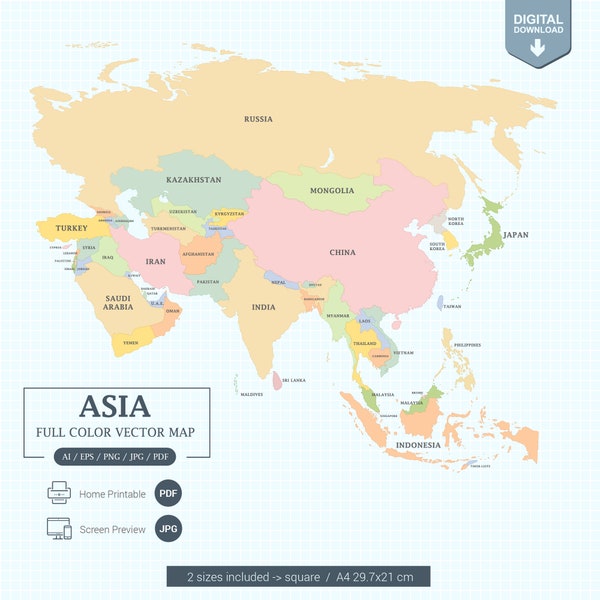 Digital Asia Map full color with states Printable Poster large size and A4 PDF. Screen view and Vector Illustrator editable.