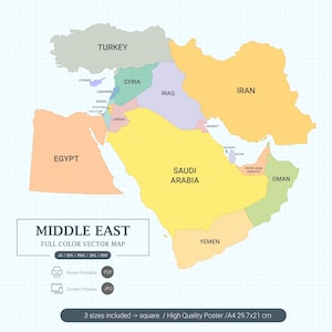 Può includere: Una mappa vettoriale a colori del Medio Oriente, con paesi come Turchia, Iran e Arabia Saudita, in tonalità di giallo, arancione, verde e viola. La mappa include il testo "MIDDLE EAST" e icone di tipo di file. Il poster è disponibile in tre dimensioni.