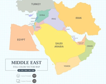 Digital Middle East of Asia Map full color Printable Poster large size and A4 PDF. Screen view and Vector Illustrator editable.