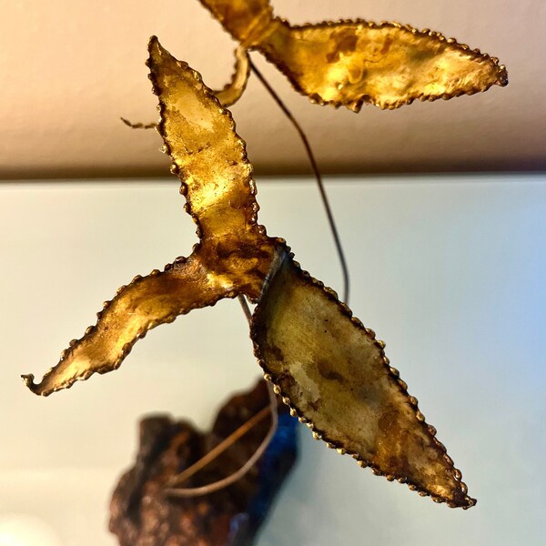 Mid Century Modern Brutalist Brass Flowers with Burl Wood Base Tabletop Sculpture, Curtis Jere Style Art