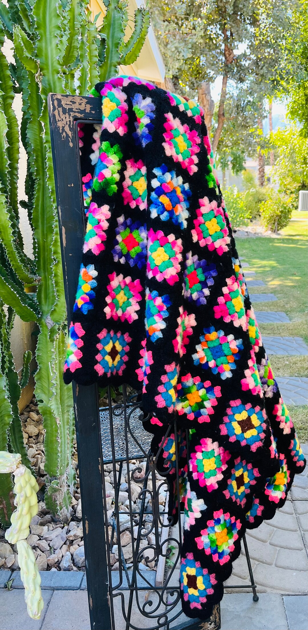 Vintage Crochet Wool Afghan Blanket Black With Bright Colors Etsy