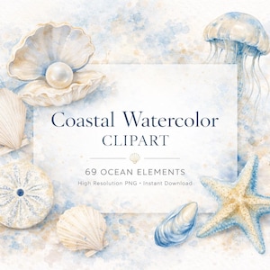Könnte beinhalten: Eine Sammlung von Aquarell-Meereselementen, darunter eine Perle in einer Muschel, eine Qualle, ein Seestern und verschiedene Muscheln, angeordnet um ein weißes Rechteck mit dem Text Coastal Watercolor CLIPART 69 OCEAN ELEMENTS.