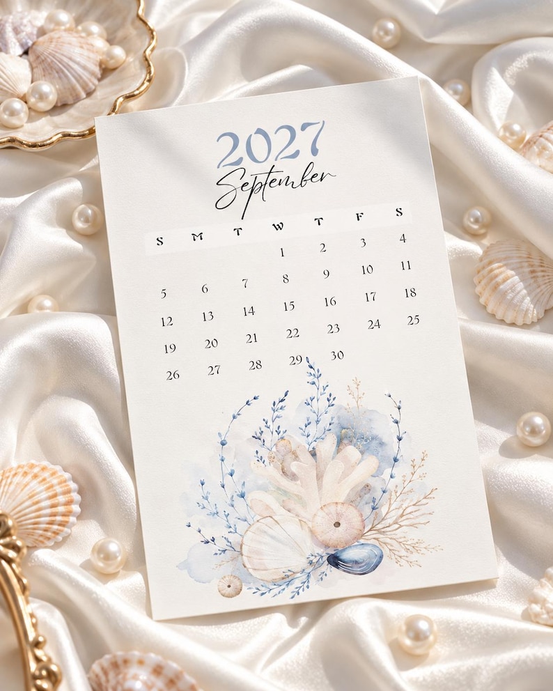 2027 Coastal Calendar | Seashell Calendar 2027 | Ocean Beach House ...