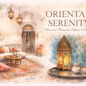 Oriental Serenity Moroccan Watercolor Clipart | Lanterns, Fountains, Keys and Architecture clipart | Wall Art and Scrapbooking
