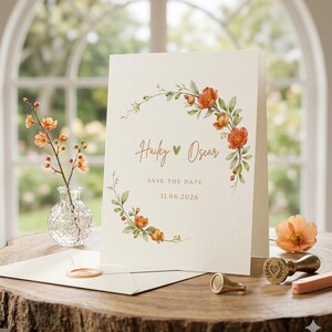 Pomegranate Floral Wedding Invitation Template | Editable Canva Save the Date | Red Watercolor Invite | Heart Frame | Instant Download