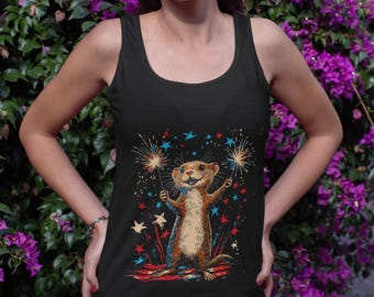 Divertida camiseta sin mangas o camiseta del 4 de julio con comadreja y fuegos artificiales, camisa patriótica unisex para barbacoa de verano o fiesta navideña, linda camiseta con gráficos de dibujos animados