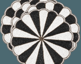 Black and White Beaded Round Placemats - Set of 4