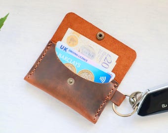 Personalized Leather Keychain Wallet, Minimalist Card Holder, Handmade Coin Purse