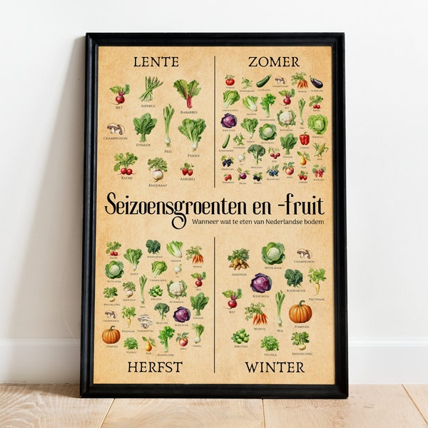 Seizoensgroenten en -fruitposter Nederland | Keuken poster | Duurzaam Cadeau | Vintage stijl | A3 & A2 formaat | Optioneel met Posterhanger