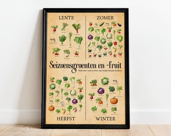 Seizoensgroenten en -fruitposter Nederland | Keuken poster | Duurzaam Cadeau | Vintage stijl | A3 & A2 formaat | Optioneel met Posterhanger