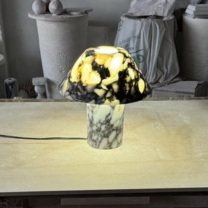 Könnte beinhalten: Eine pilzförmige Tischlampe mit Marmorsockel und transluzentem, gemustertem Schirm. Der Schirm weist eine Mischung aus Schwarz, Gelb und Weiß auf und erzeugt einen einzigartigen Lichteffekt. Die Lampe ist eingesteckt.
