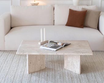 Travertine Coffee Table, Handmade Natural Stone Table, Minimalist Modern Design, Rectangular Living Room Decor