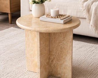 Handmade Travertine Side Table, Modern Accent Table, Neutral Home Decor