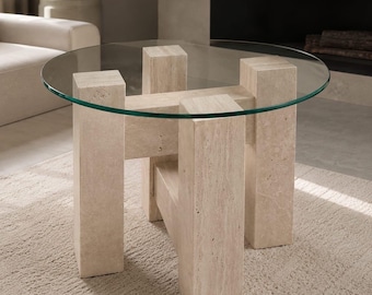Travertine Coffee Table, Handmade Natural Stone Table, Minimalist Modern Design, Rectangular Living Room Decor