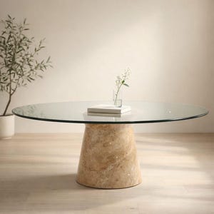 Runt matbord i glas, travertinmarmorbas, modernt minimalistiskt köksbord (2-4 personer)
