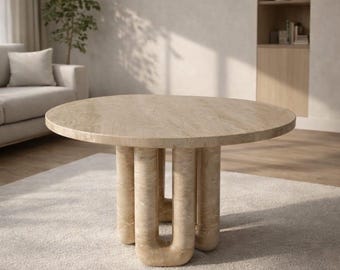Natural Travertine Marble Dining Table, Elegant Round Design 90cm Diameter,