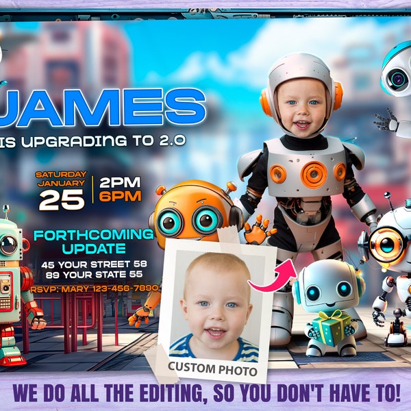 Robot personalized with photo birthday invitation - Robots birthday card - Robot party 7377