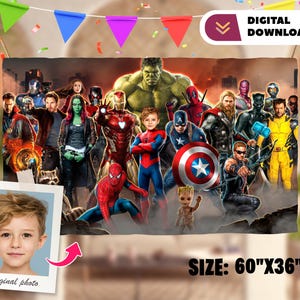 Banner digitale personalizzato Avengers con foto - Banner di compleanno Spiderman - Festa dei supereroi 0283