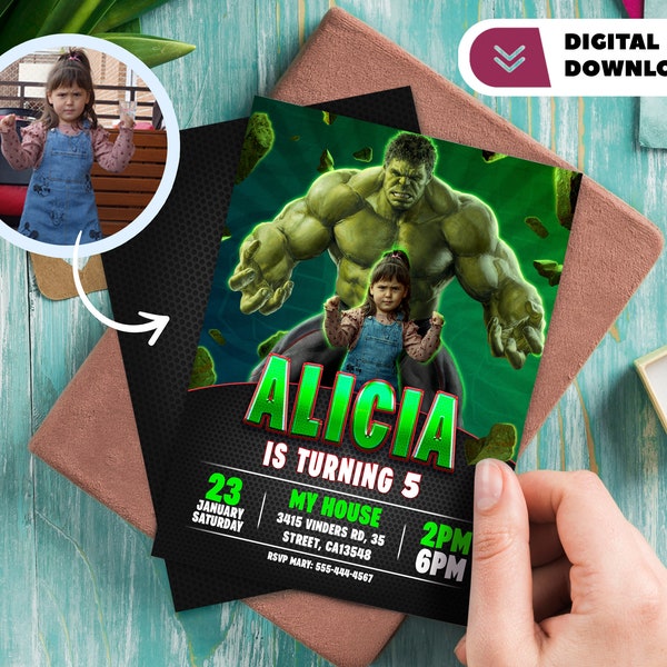 Faire-part d'anniversaire Hulk personnalisé avec photo - Super party 0283