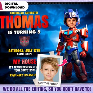 Robot personalized with photo birthday invitation - Autobots birthday card - Robot party 7319