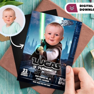 1e Jedi gepersonaliseerd met fotoverjaardagsuitnodiging - Baby Luke-verjaardagskaart - Starparty 4289