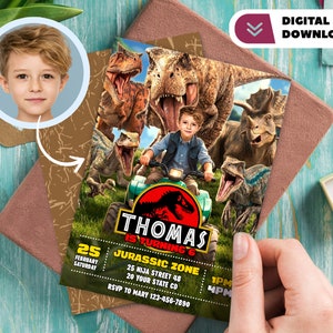 Invito di compleanno personalizzato con foto di dinosauro - Biglietto di compleanno Rex - Festa giurassica 7728