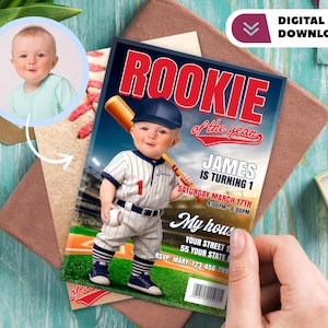 Invito di compleanno personalizzato con foto a tema baseball - Biglietto di compleanno a tema baseball - Invito per il 1° compleanno