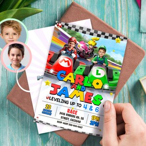 Kart Gêmeos personalizado com convite de aniversário com foto - festa Mario e Luigi 9180