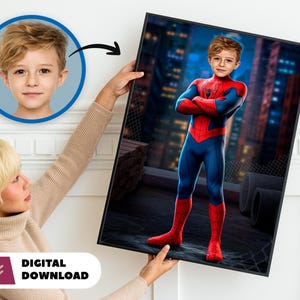 Aangepast digitaal portret superheld - Spider-Man gepersonaliseerd portret - afdruk van foto - wanddecoratie - gepersonaliseerd cadeau