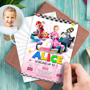 Convite de aniversário Princesa Peach Kart personalizado com foto - Mario party 9180