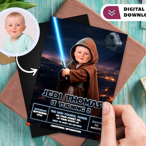 1e Jedi gepersonaliseerd met fotoverjaardagsuitnodiging - Baby Luke-verjaardagskaart - Starparty 4289